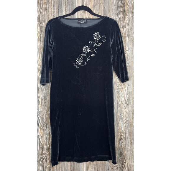 Vtg. Danielle Casey Dress S Black Velvet Midi Floral Embroidery Romantic Elegant - Picture 1 of 13